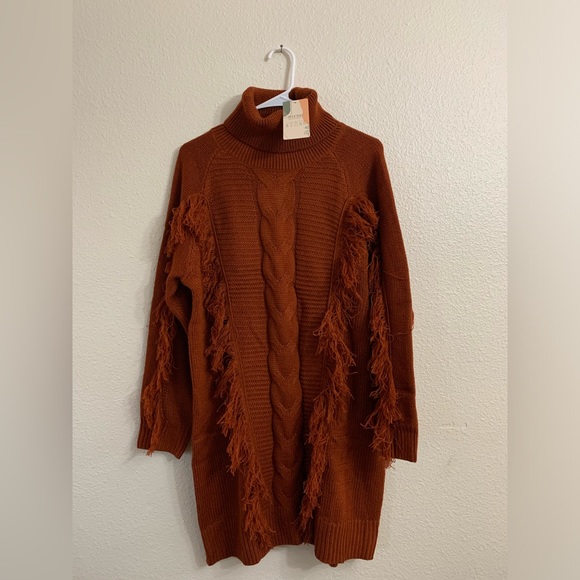 NWT Chunky Knit Turtle Neck fringe Sweater Dress - Picture 5 of 8
